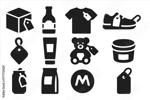 Iconic Packaging Designs. Solid style icons of packaging and branding: box with tag, bottle label, clothing stitched tag, shoe tag