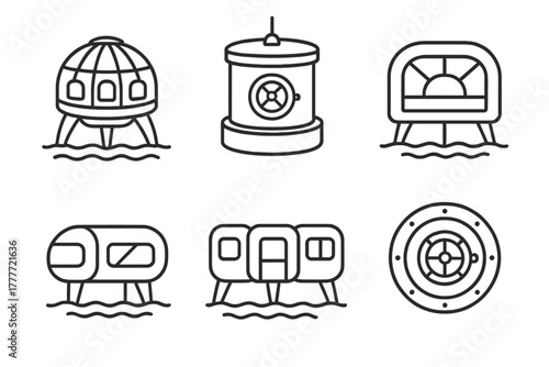 Underwater Lab Icons. Line style icons of underwater habitats and research labs: marine dome lab, pressure-regulated chamber,