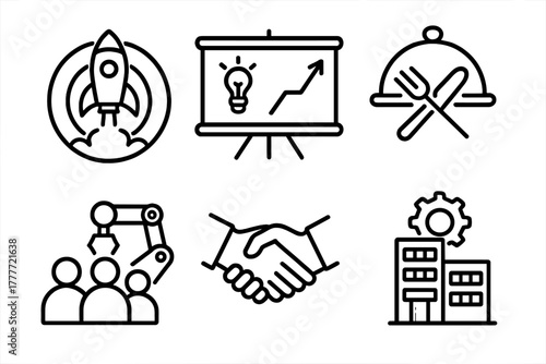 Food Robotics Icons. Line style icons of food robotics startups: rocket launch icon with plate, pitch deck screen, startup kitchen