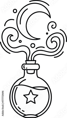 Magical potion bottle with a star and crescent moon illustration. Modern line art with a minimalist design
