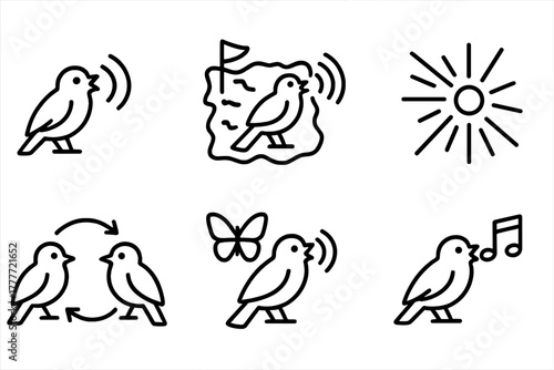 Acoustic Behavior Icons. Line style icons of acoustic behavior studies: mating call icon, territorial call map, alarm signal burst