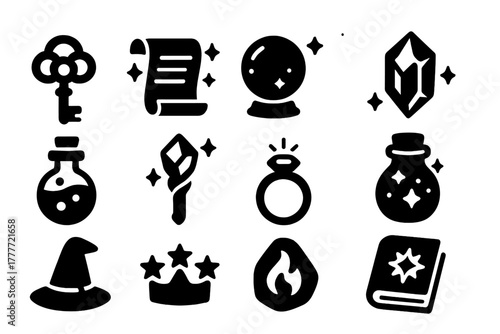 Magical Items Icons. Solid style icons of magical items: enchanted key, spell scroll, glowing orb, mystical gem, potion vial,