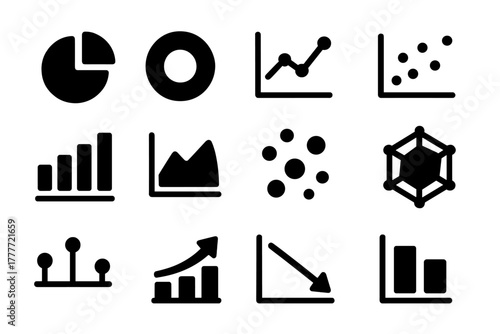 Solid Chart Icons. Solid style icons of charts: pie chart, donut chart, line chart, scatter plot, histogram, area chart, bubble