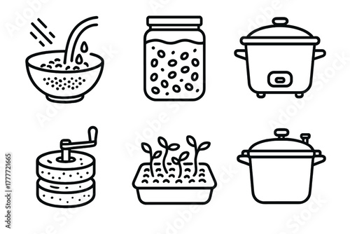 Grain Preparation Icons. Line style icons of grain preparation: rinsing bowl, grain soaking jar, slow cook pot, pressure cooker,