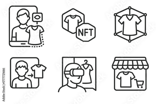 Virtual Fashion Icons. Line style icons of virtual fashion integration: AR garment try-on, NFT outfit token, metaverse clothing