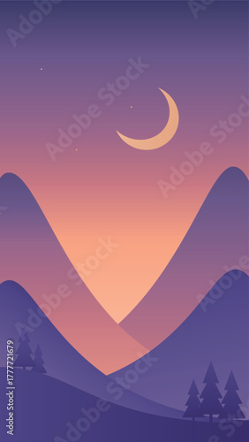 Minimalistic mountains landscape in Scandinavian style. Gradient vector art in purple colors. Hand drawn original illustration for Christmas cards.
