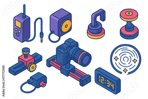 Photography Equipment Icons. Isometric vector illustration set Film and photography – time-lapse kit, intervalometer, NFD cable;