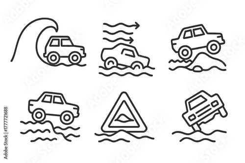 Amphibious Driving Icons. Line style icons of amphibious driving challenges: tidal wave approach, strong current navigation,