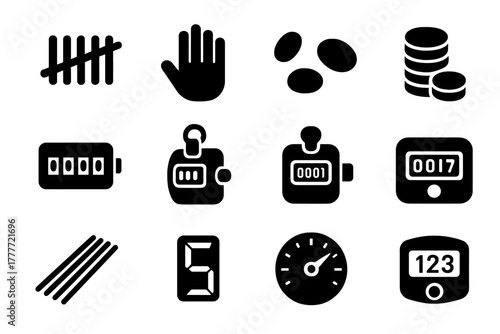 Counting Icons Collection. Solid style icons of Counting tools: tally marks, finger counting, pebble counting, coin counting,