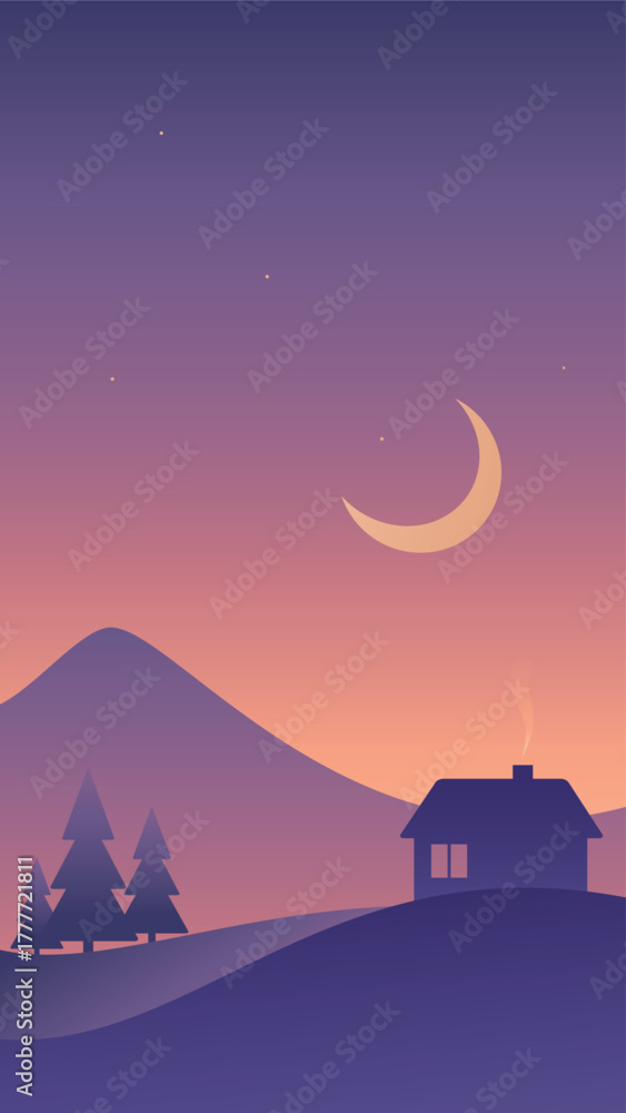 Fototapeta premium Minimalistic night landscape with house in Scandinavian style. Gradient vector art in purple colors. Hand drawn original illustration for Christmas cards.