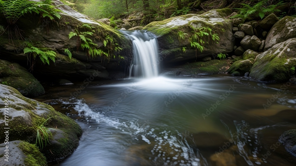 Fototapeta premium Small Waterfall in Green Forest Stream