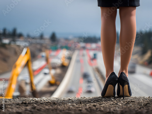 woman in high heels overlooking highway