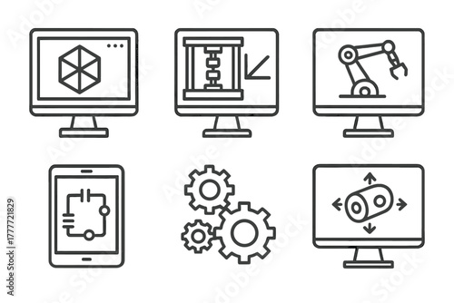 Virtual Engineering Icons. Line style icons of virtual engineering labs: CAD simulation screen, material stress test, robotics arm
