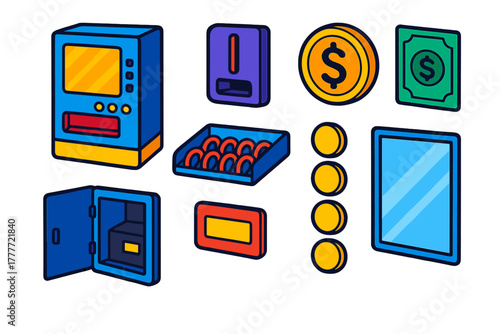 Vending Machine Icons. Isometric vector illustration set Currency and coins – vending machine, coin slot, bill acceptor; product