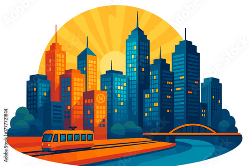 Vibrant City Skyline. Isometric vector illustration set Skyscraper silhouettes – downtown skyline at dawn, sunburst behind towers,