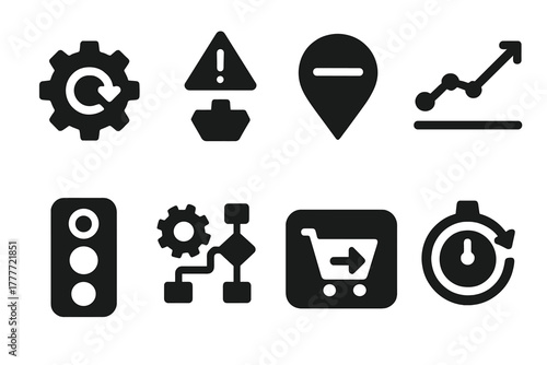 Automated Reorder Icons. Solid style icons of automated reorder triggers: auto-replenish gear, trigger alert icon, threshold