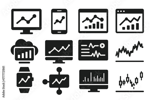 Digital Dashboard Icons. Solid style icons of digital dashboards: monitor with chart, mobile chart app, tablet data view, web