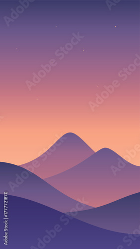 Minimalistic landscape of dawn or sunset in Nordic style. Mountains gradient vector art in purple colors. Hand drawn original illustration