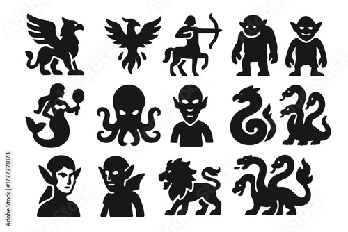Fantasy Creature Icons. Solid style icons of fantasy creatures: griffin, phoenix, centaur, mermaid, kraken, troll, goblin, elf,
