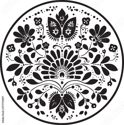 czech traditional folk ornament, vector illustration with a floral pattern in a circle on a white background