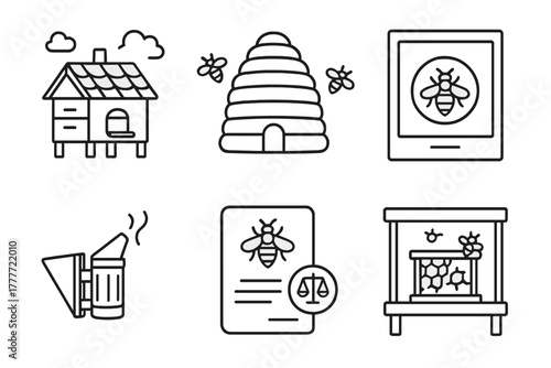 Urban Beekeeping Icons. Line style icons of beekeeping history in cities: vintage rooftop hive, traditional bee skep, old photo