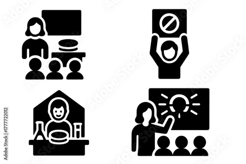 Educational Icons Showcase. Solid style icons of education and public demonstration: classroom with floating object, student with