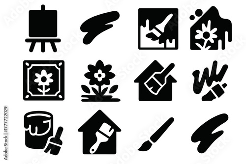 Artistic Painting Icons. Solid style icons of Painting: canvas on easel, brush stroke, wall painting, mural design, decorative