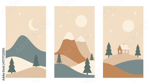 Series of Nordic minimalist Christmas landscapes. Winter mountains, fir tree and moon in warm colors. Hand drawn original vector illustrations.
