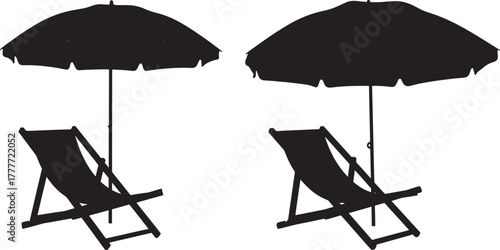 Two beach chairs and umbrellas silhouette