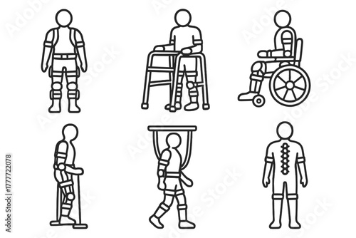 Medical Exoskeleton Icons. Line style icons of medical exoskeletons: rehab exosuit, walking aid frame, paraplegia mobility support