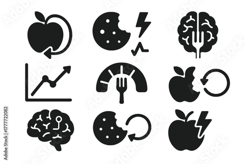 Food Memory Icons. Solid style icons of food recall experiments: food-to-memory rewind, bite flashback icon, brain fork symbol.