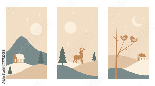Minimalist Christmas landscapes in Nordic style. Deer, birds and house in winter. Hand drawn original vector image.