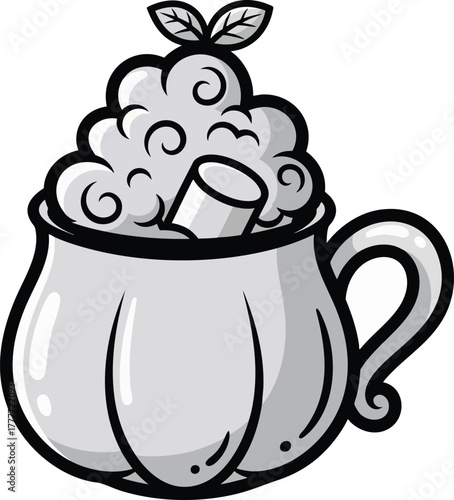 Monochrome cartoon illustration of a hot beverage in a vintage mug topped with whipped cream, a marshmallow, and mint leaves. A comforting drink icon