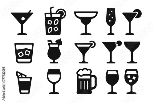 Cocktail Icons Collection. Solid style icons of cocktail drinks: martini glass, mojito glass, margarita glass, champagne flute,