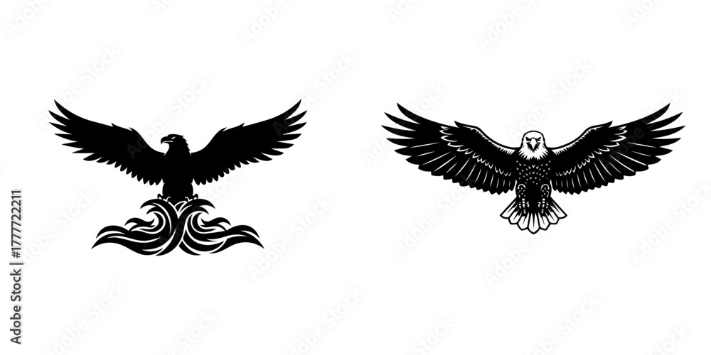 Obraz premium Two black silhouette eagle icons, one with abstract wavy lines