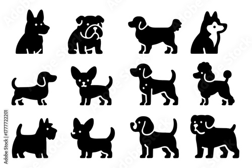 Canine Breed Icons. Solid style icons of canine breeds: shepherd dog, bulldog, retriever, husky, dachshund, chihuahua, dalmatian,
