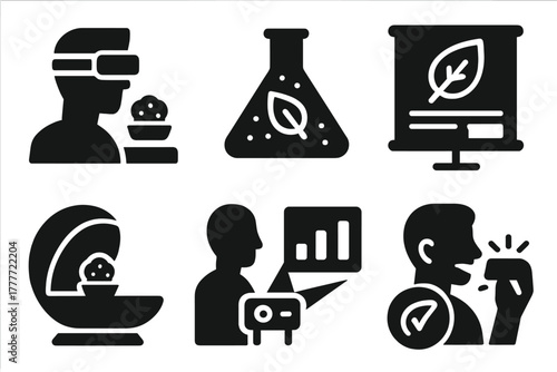 Digital Taste Lab Icons. Solid style icons of digital taste labs: virtual flavor test, lab with taste glow, projected result