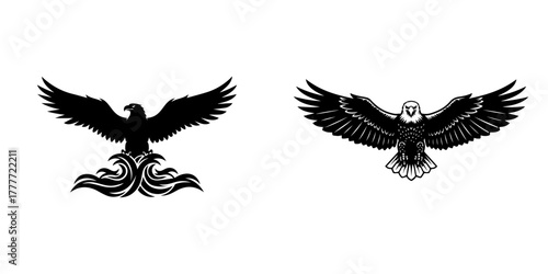 Two black silhouette eagle icons, one with abstract wavy lines