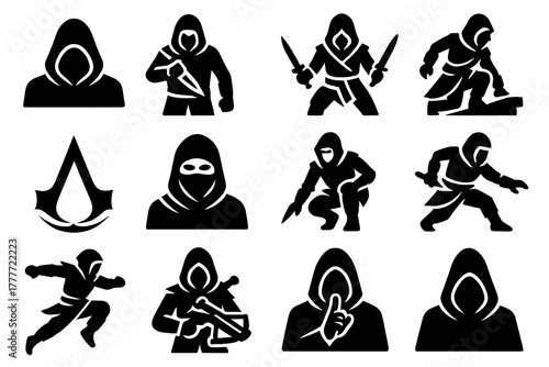 Assassin Icon Collection. Solid style icons of assassins: hooded assassin, assassin with dagger, dual blade assassin, rooftop