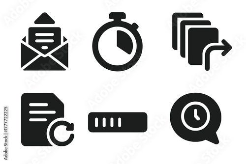 Scriptwriting Icons. Line style icons of Crowdsourced Scriptwriting: submission icon, writing round timer, entry queue icon, draft