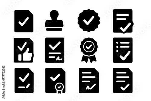 Approval Icons Collection. Solid style icons of Approval marks: checkmark on paper, approved stamp, seal of approval, validated