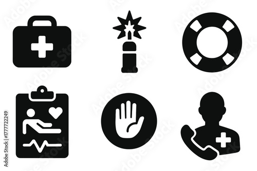 Emergency Rescue Icons. Solid style icons of emergency rescue kits: med bag glyph, beacon icon, flare badge. First aid ring,