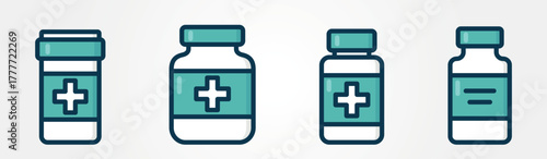 Pill bottle and medical vial icon set. Pharmaceutical and medication symbols. Isolated vector color image. Hand drawn original illustration.