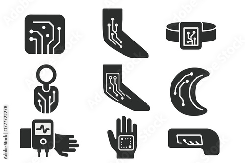 Body-Mounted Circuit Icons. Solid style icons of body-mounted circuits: flex PCB patch, bio-skin sensor, epidermal electronics