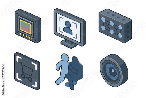 Robotics and AI Elements. Isometric vector illustration set Robotics and AI – Computer vision: camera sensor, image frame, neural