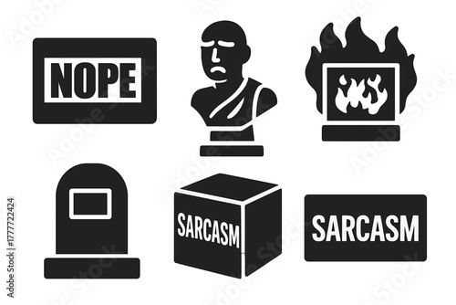 Solid Style Iconography. Solid style icons of caption panels: impact font word slab, bold meme text on stone, marble phrase