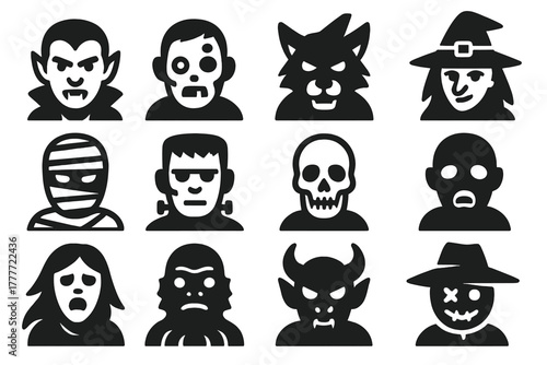 Monster Icon Collection. Solid style icons of monsters: vampire, zombie, werewolf, witch, mummy, Frankenstein monster, skeleton,