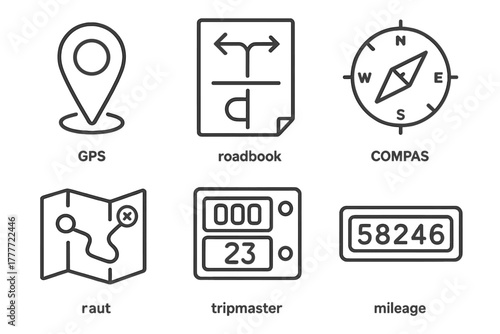 Rally Navigation Icons. Line style icons of rally navigation tools: GPS waypoint marker, roadbook icon, compass with route, map