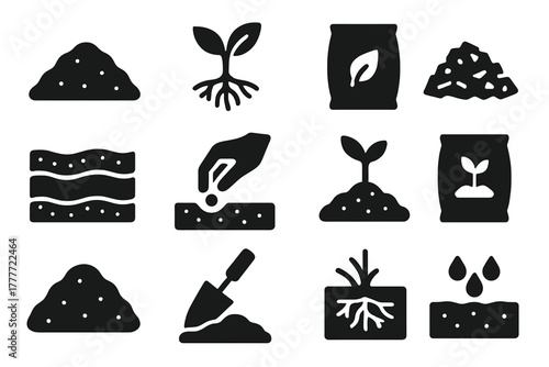 Soil and Growth Icons. Solid style icons of Soil and growth: soil pile, plant roots, compost bag, mulch, soil layers, hand