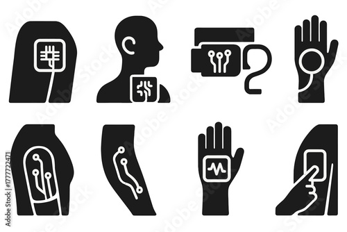 Body-Mounted Circuit Icons. Solid style icons of body-mounted circuits: flex PCB patch, bio-skin sensor, epidermal electronics